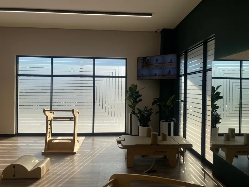 Pilates studio in Randburg with horizontal banded Nanoshade frosting stripes for privacy with natural light