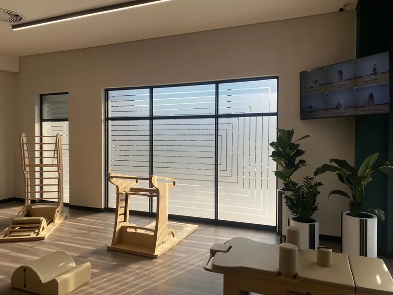 Nanoshade premium frosting installed wall-to-wall on a Pilates studio in Randburg, frosted vinyl for full daytime privacy without losing natural light